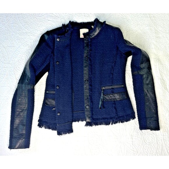 REBECCA TAYLOR Boucle Fringe Blazer SIZE 4 Navy Blue Black Leather Trim Coat EUC - Picture 9 of 16